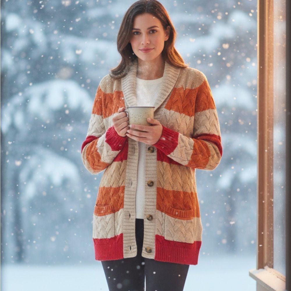 Lands' End Drifter Multicolor Cable Knit Shawl Cardigan Sweater